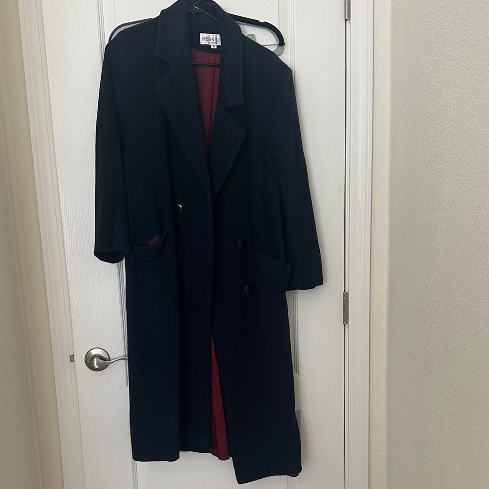 Navy Vintage Kristen Blake 100% Wool Coat Double-Breasted Coat with Red Lining